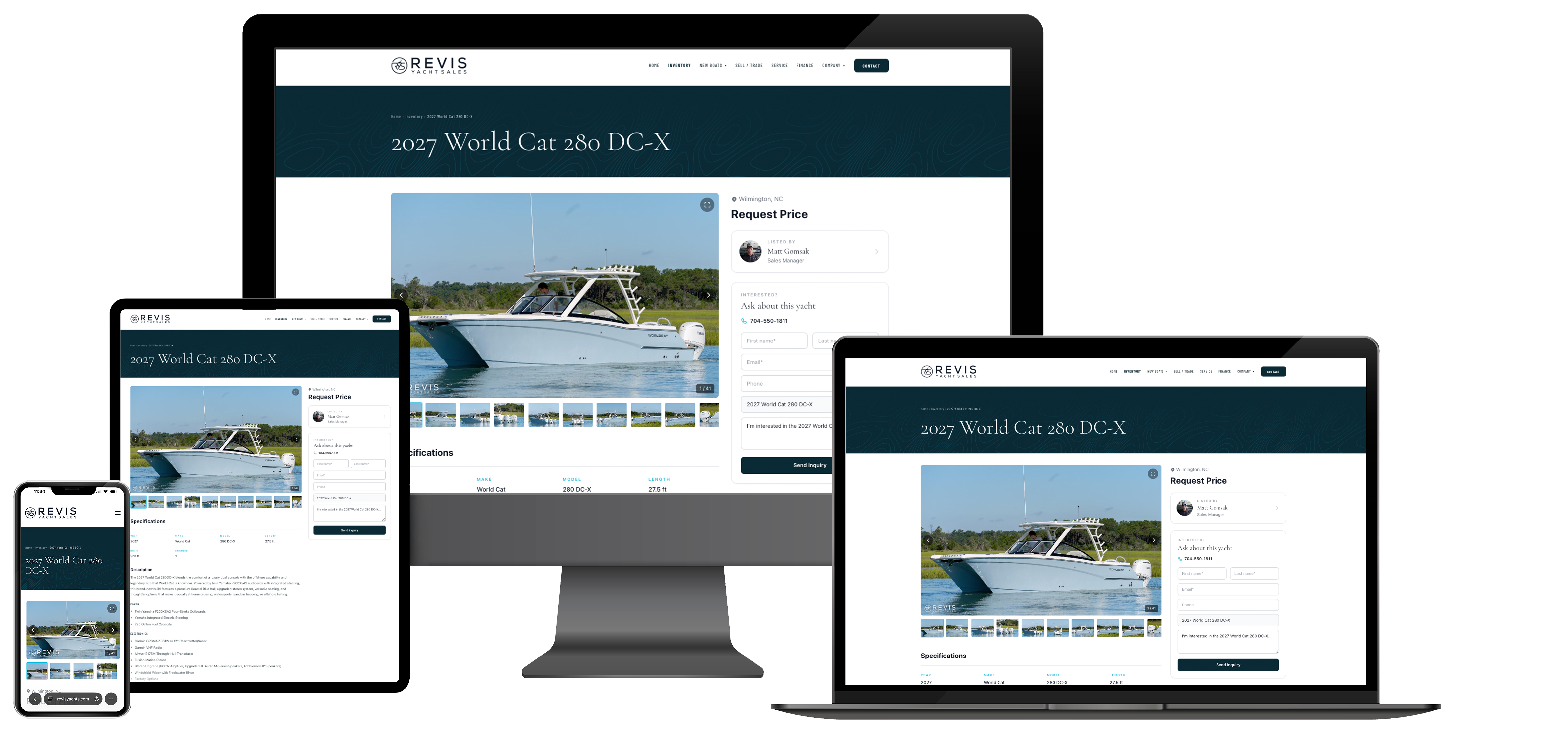 The Revis Yacht Sales website shown on a monitor, tablet, phone, and laptop